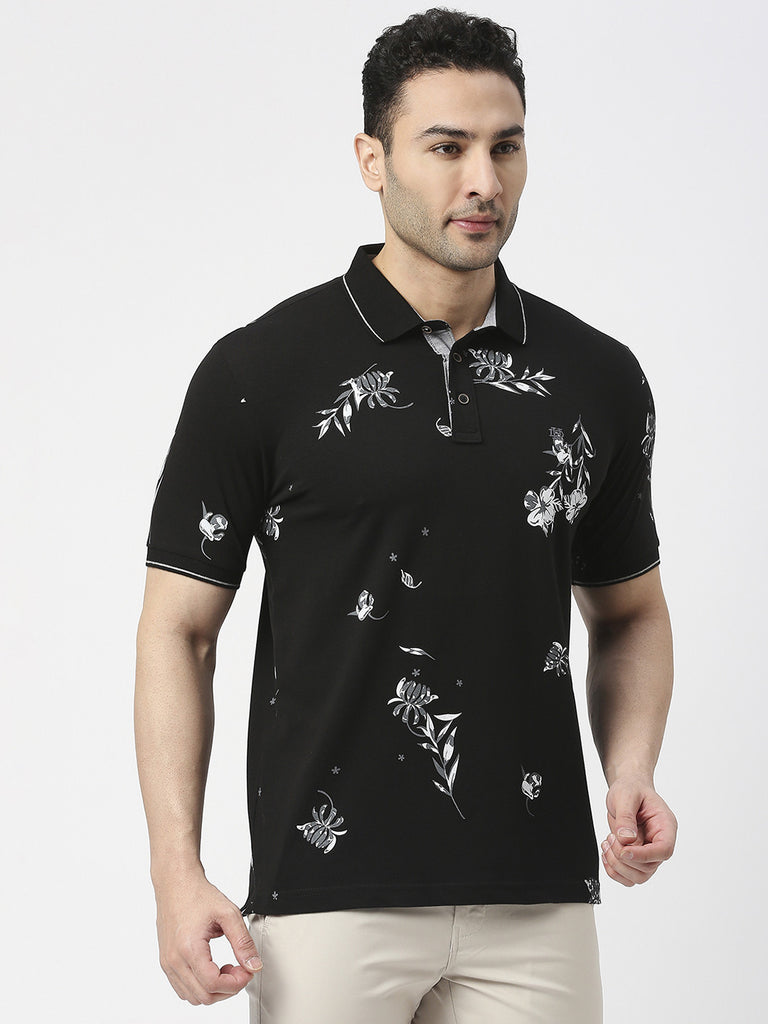 Black Pique Lycra All Over Printed T-shirt