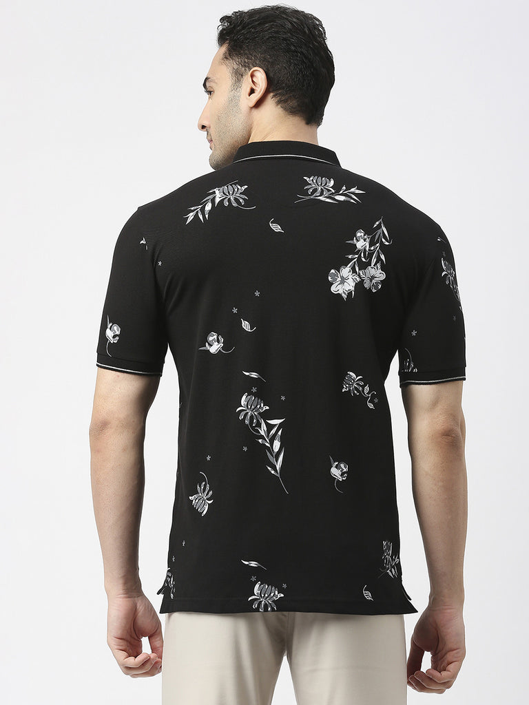 Black Pique Lycra All Over Printed T-shirt