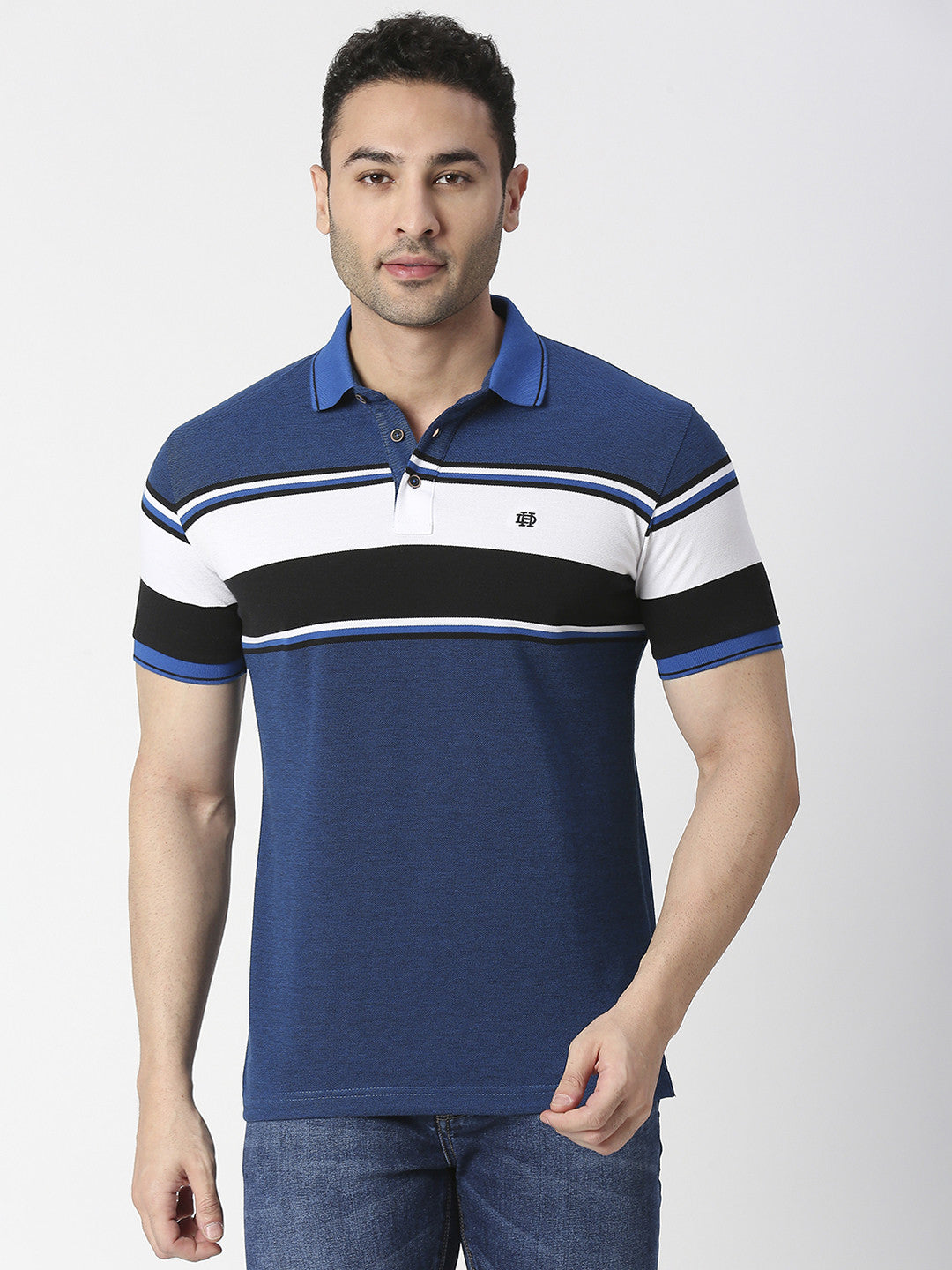 Royal Blue Striped Pique Polo T-shirt