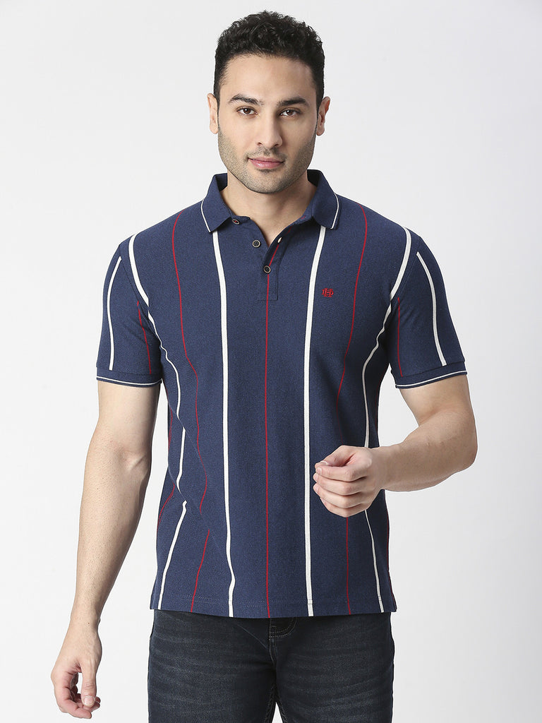 Navy Verticle Stripes Pique Polo T-shirt