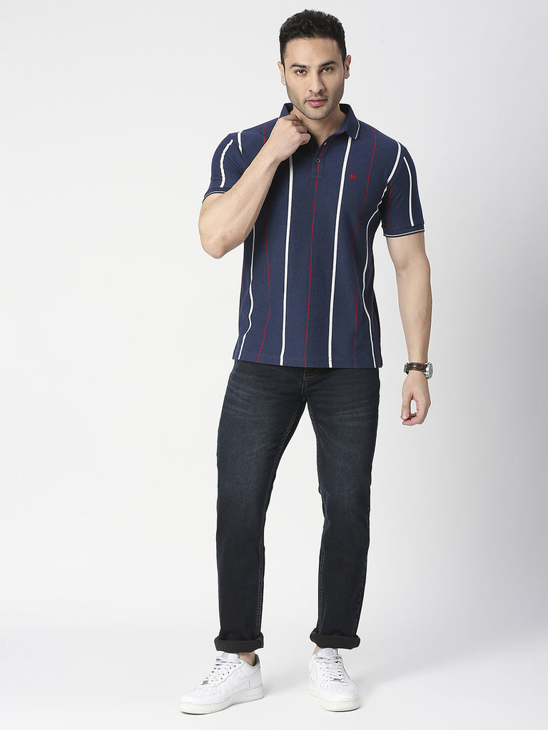 Navy Verticle Stripes Pique Polo T-shirt