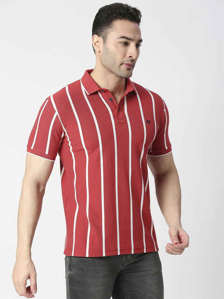 Red Melange Verticle Striped Pique Polo T-shirt