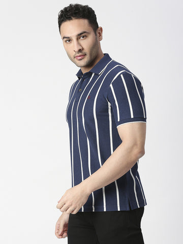 Blue Melange Vertical Striped Pique Polo T-shirt