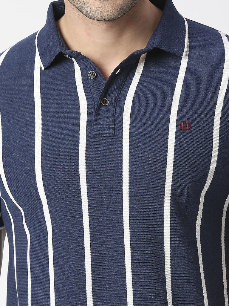 Blue Melange Vertical Striped Pique Polo T-shirt