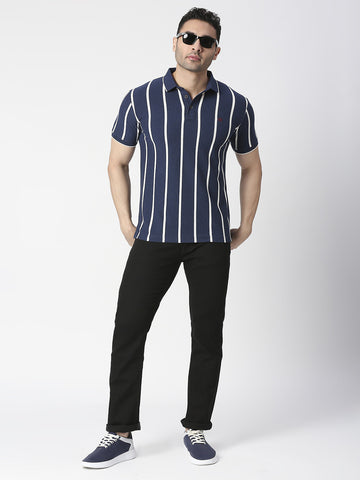 Blue Melange Vertical Striped Pique Polo T-shirt