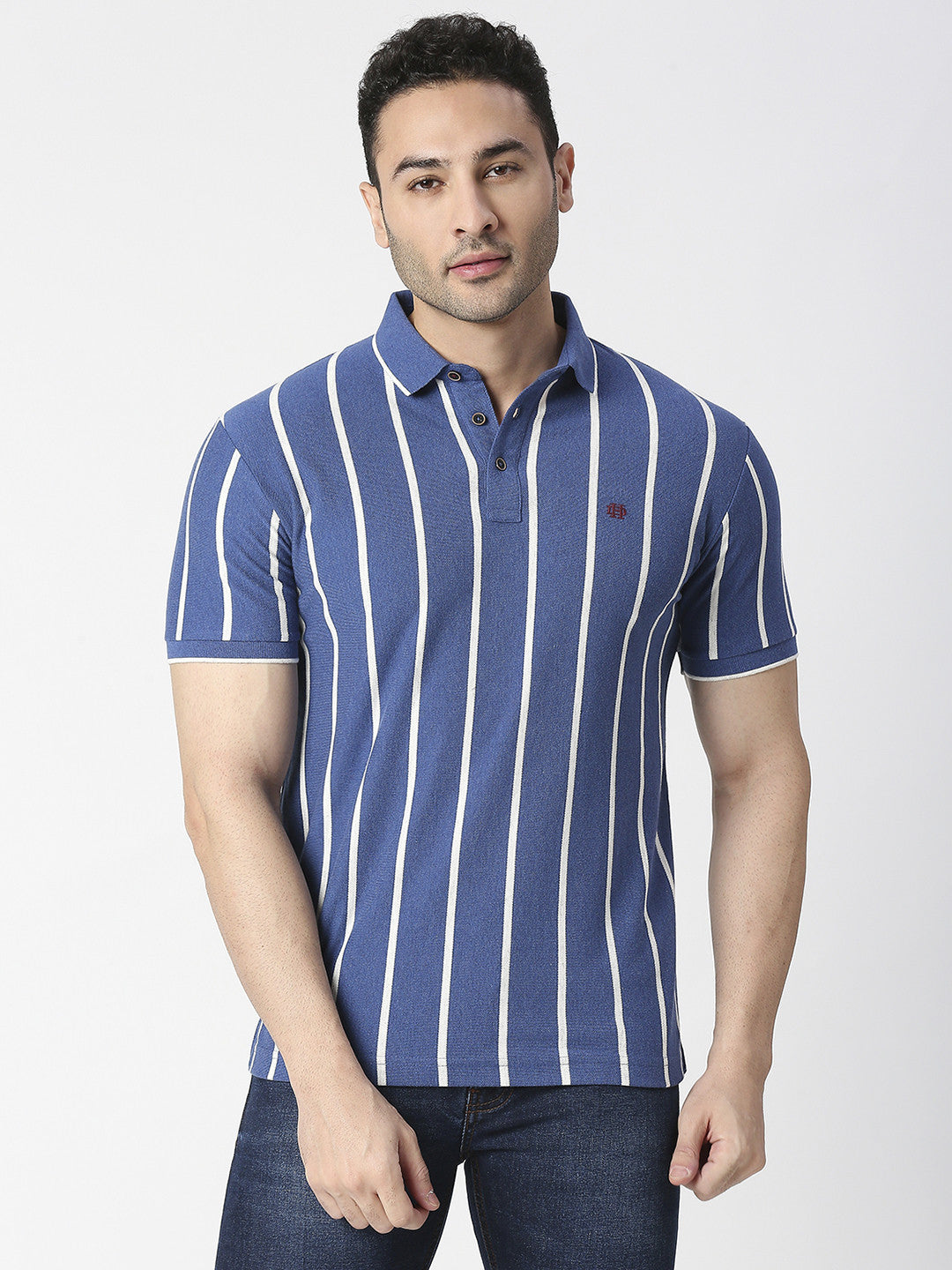 Royal Blue Vertical Striped Pique Polo T-shirt