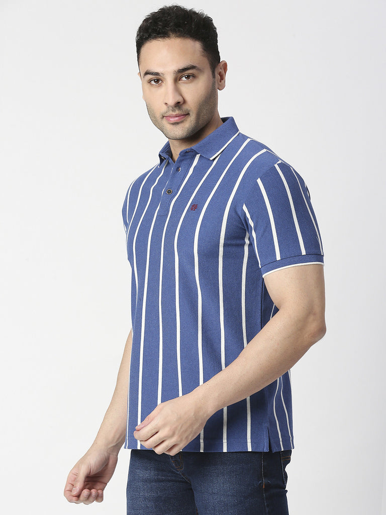 Royal Blue Vertical Striped Pique Polo T-shirt