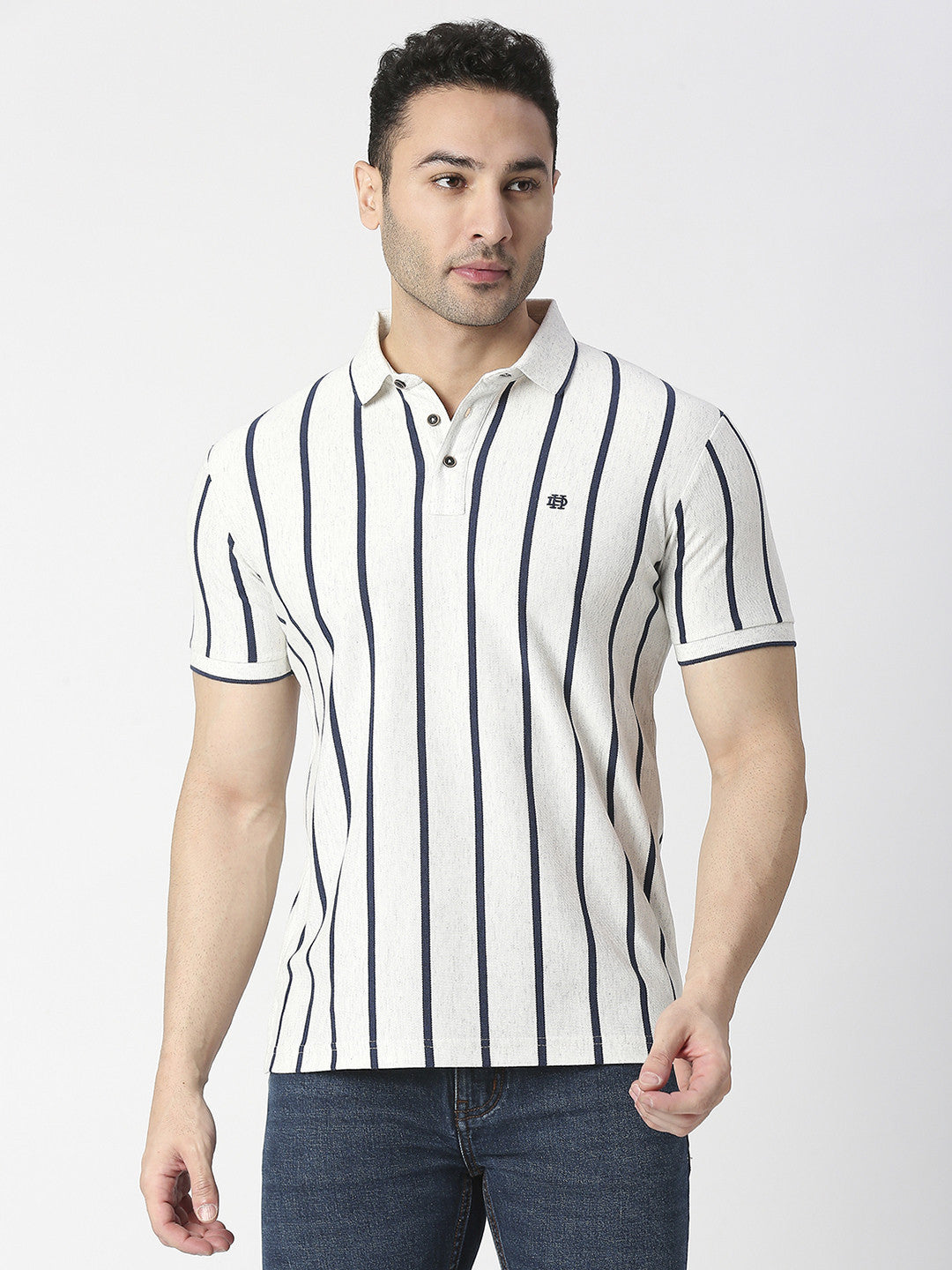 Ecru Melange Vertical Striped Pique Polo T-shirt