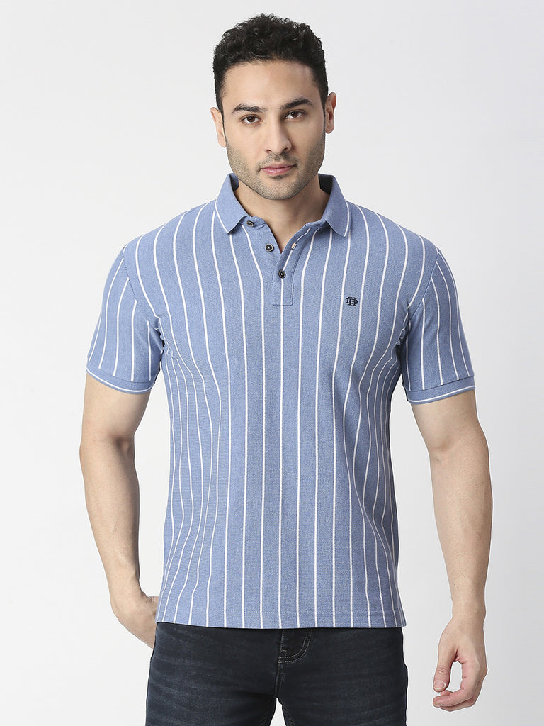Sky Melange Verticle Striped Pique Polo T-shirt