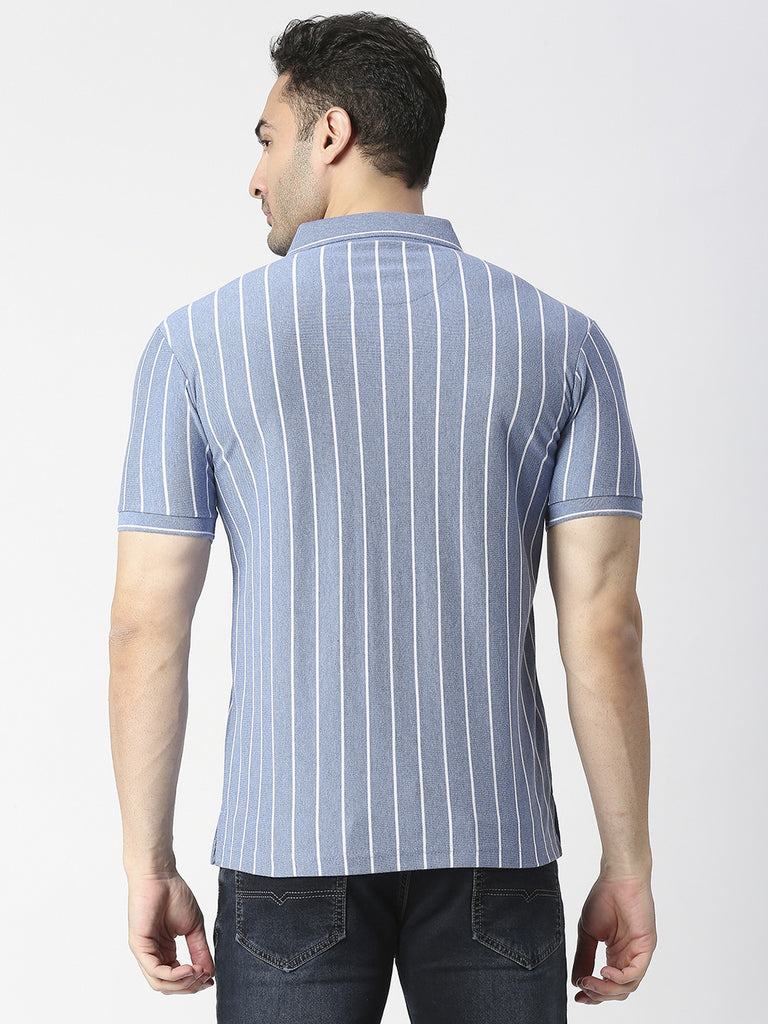 Sky Melange Verticle Striped Pique Polo T-shirt