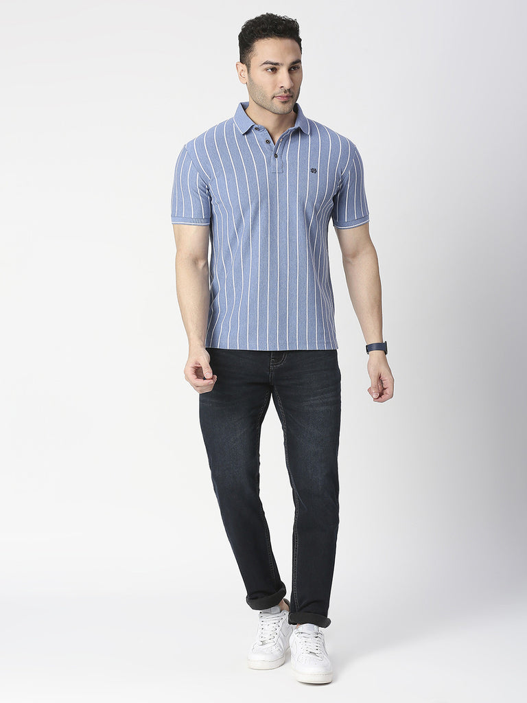 Sky Melange Verticle Striped Pique Polo T-shirt