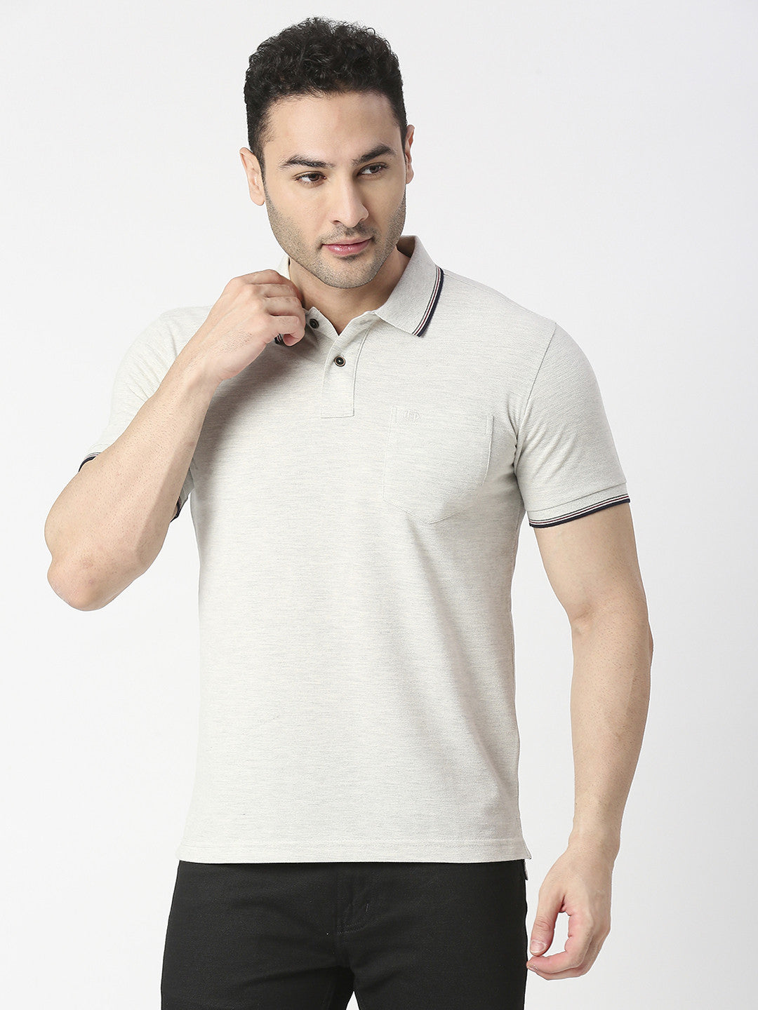 Ecru Melange Pique Polo T-shirt With Pocket