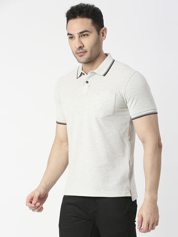 Ecru Melange Pique Polo T-shirt With Pocket