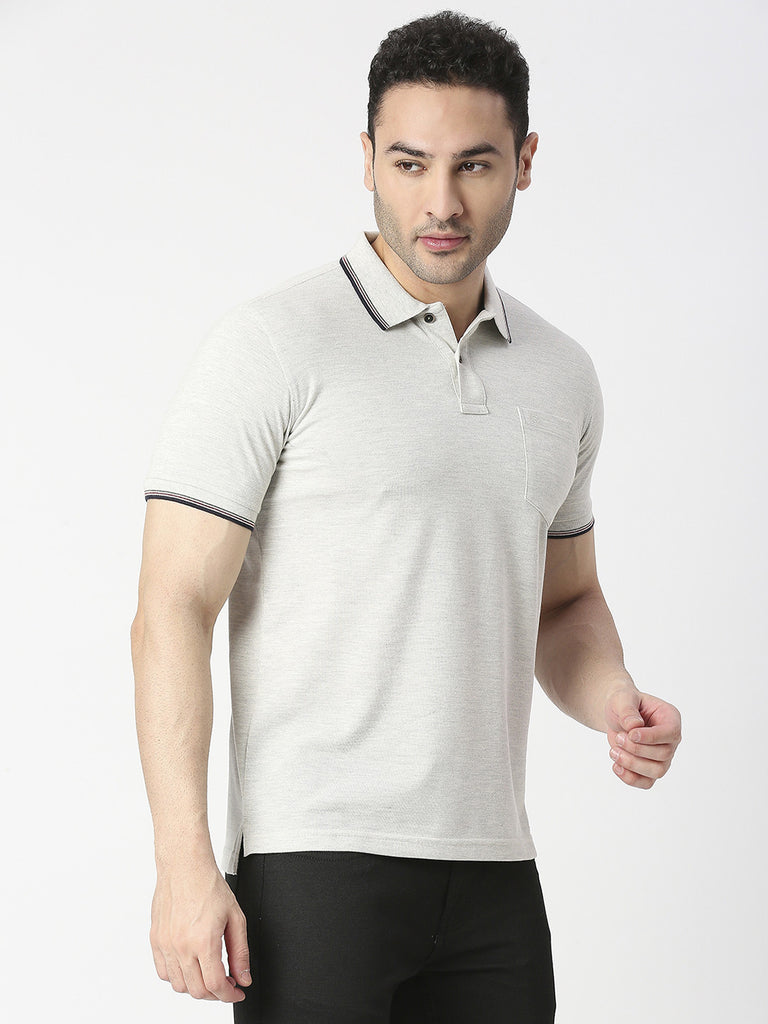 Ecru Melange Pique Polo T-shirt With Pocket