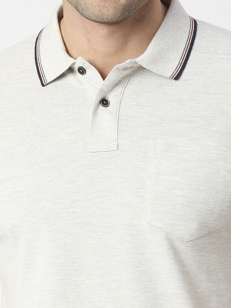 Ecru Melange Pique Polo T-shirt With Pocket