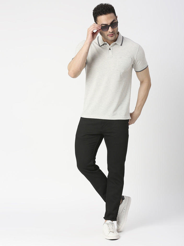 Ecru Melange Pique Polo T-shirt With Pocket