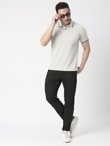 Ecru Melange Pique Polo T-shirt With Pocket