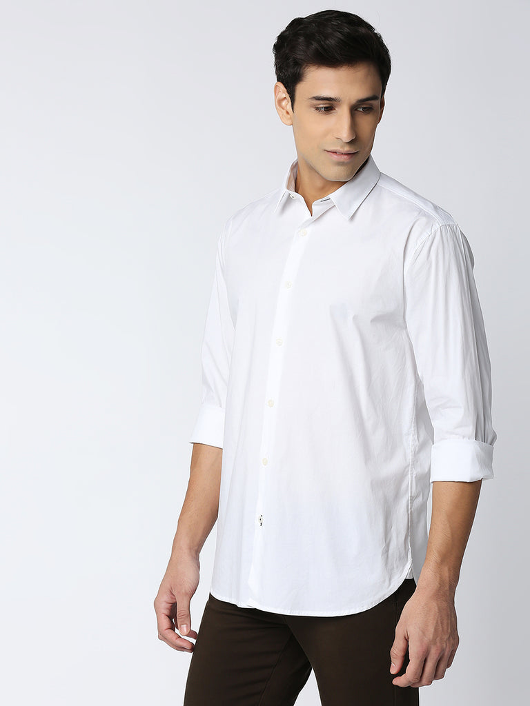 White Stretch Poplin Plain Shirt