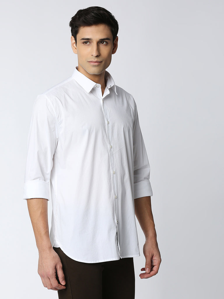 White Stretch Poplin Plain Shirt