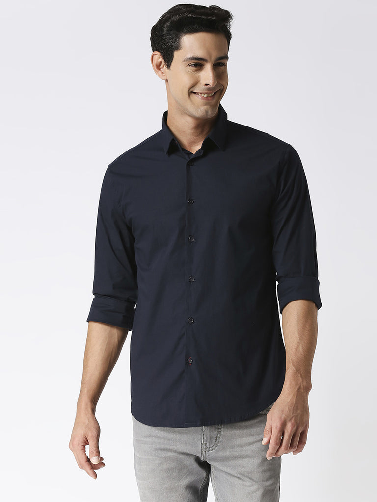 Navy Stretch Poplin Plain Shirt