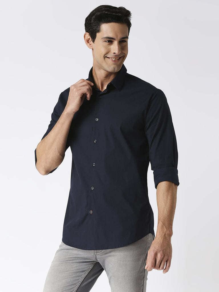 Navy Stretch Poplin Plain Shirt