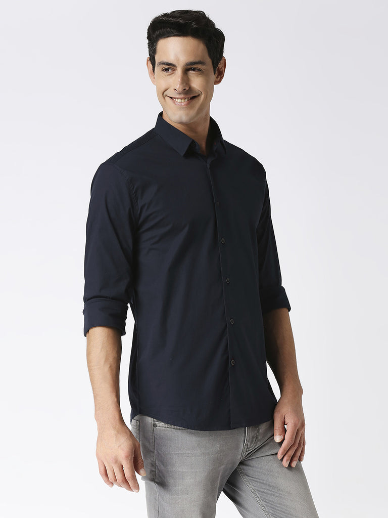 Navy Stretch Poplin Plain Shirt