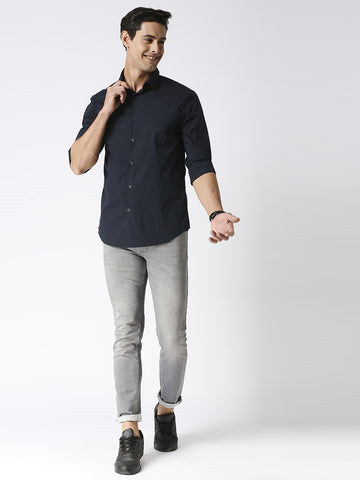 Navy Stretch Poplin Plain Shirt