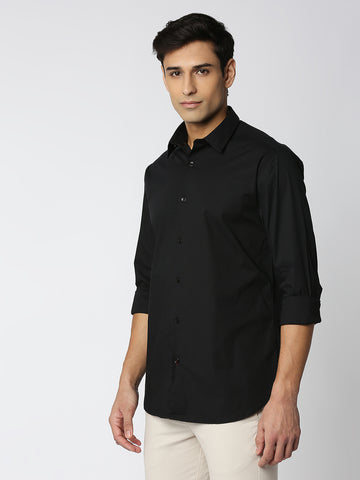 Black Stretch Poplin Plain Shirt