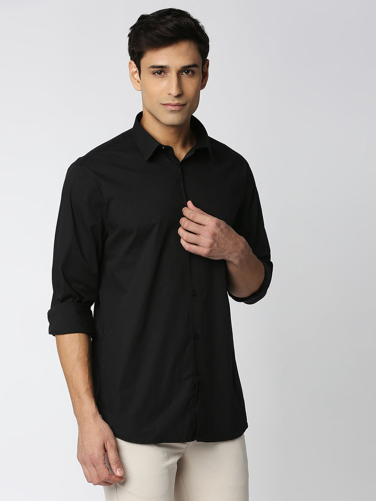 Black Stretch Poplin Plain Shirt