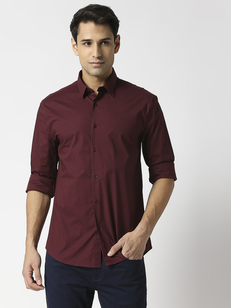 Wine Stretch Poplin Plain Shirt