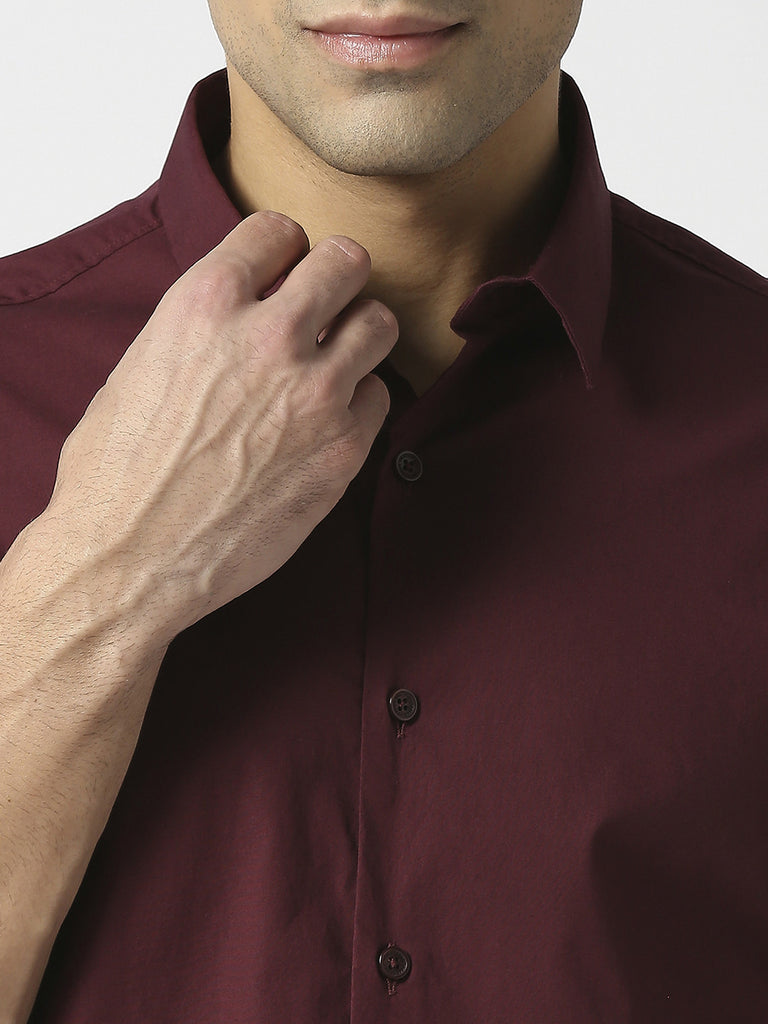 Wine Stretch Poplin Plain Shirt