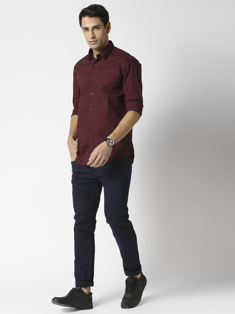 Wine Stretch Poplin Plain Shirt