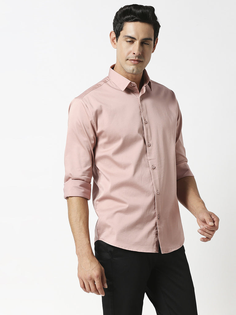 Pink Satin Lycra Solid Shirt