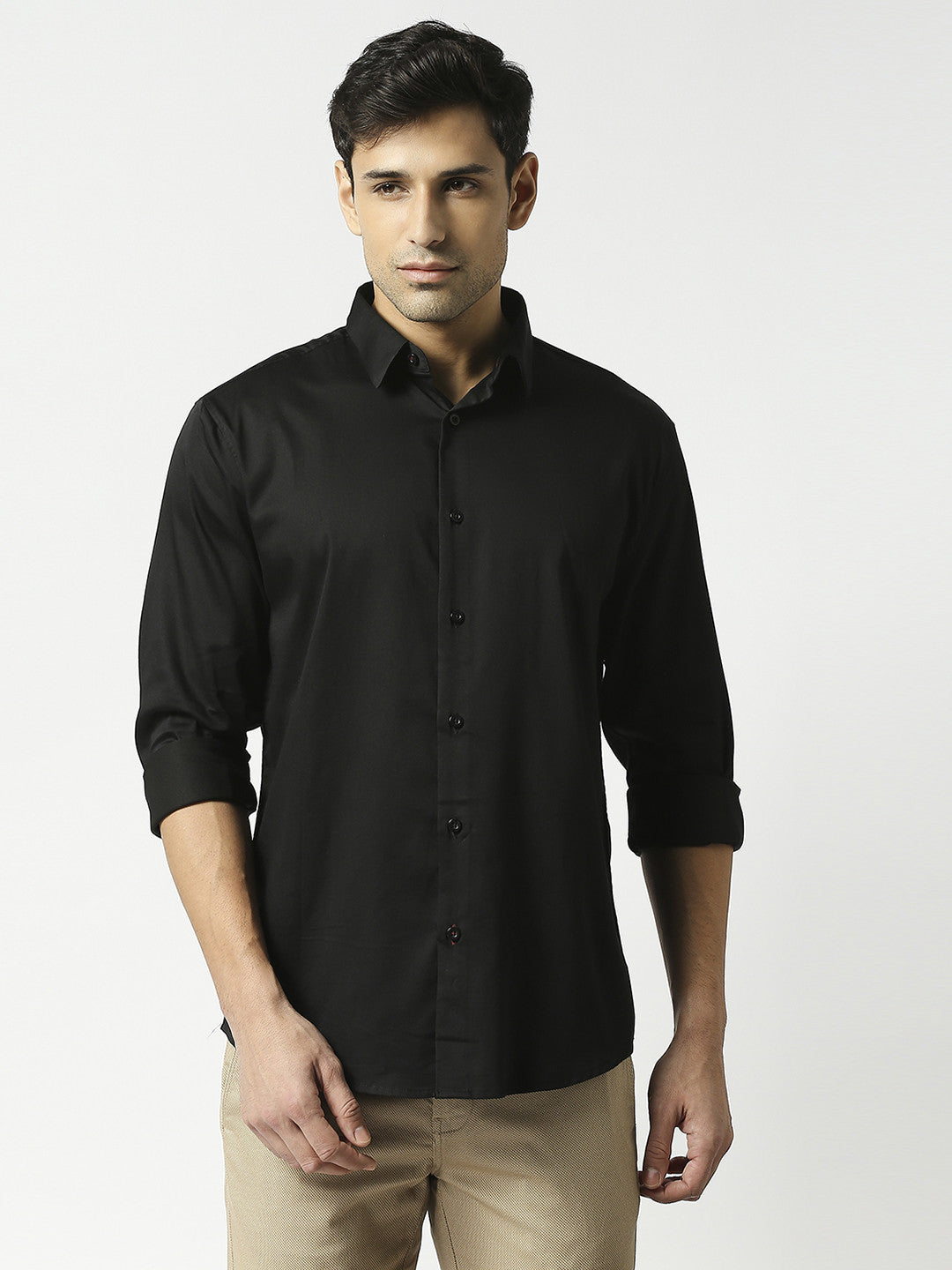 Classic black solid shirt in premium cotton satin lycra fabric with full  sleeves and stitch-less collar.