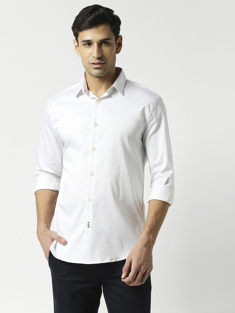 White Satin Lycra Solid Shirt