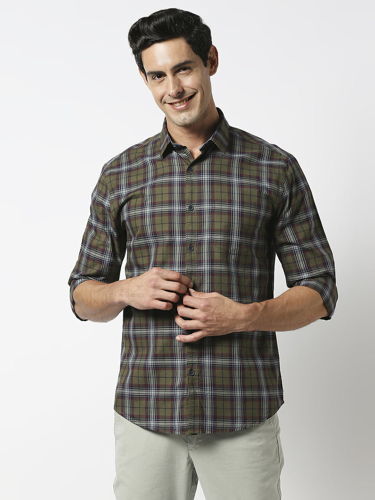 Olive Fine Twill Checked Shirt With Pocket