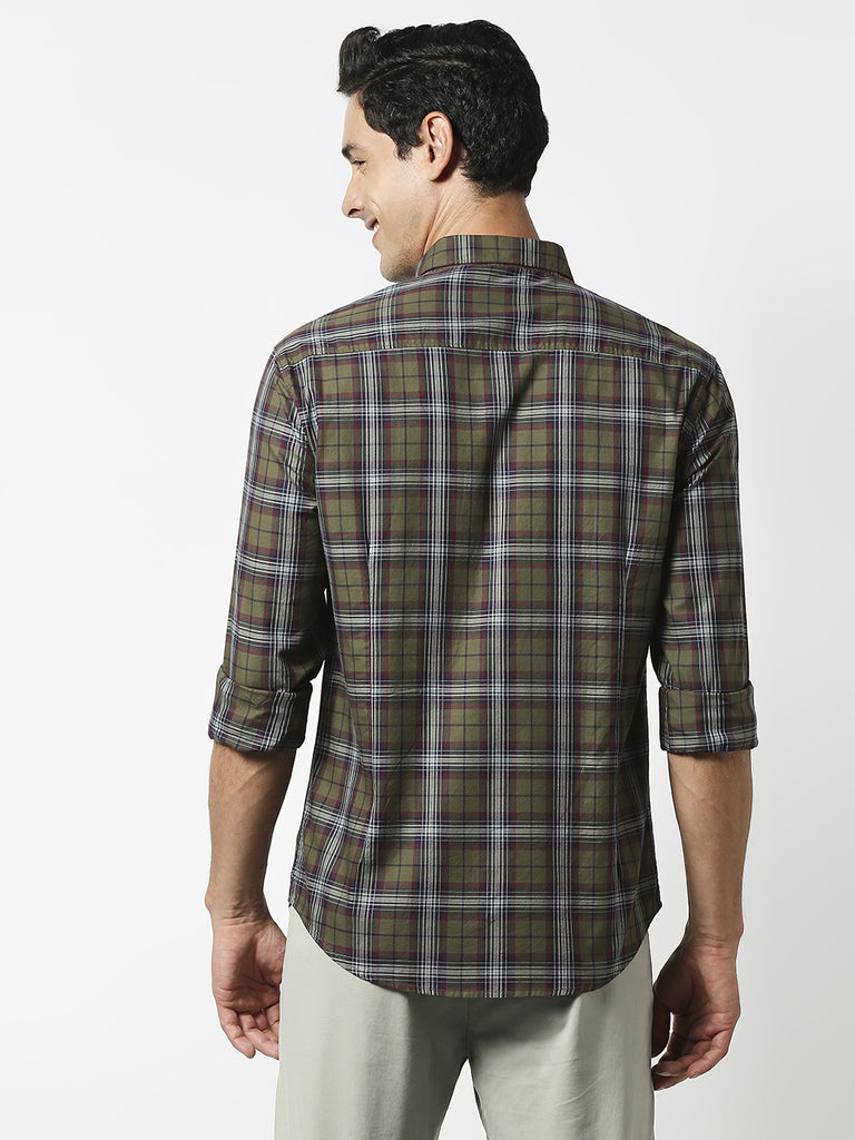Olive Fine Twill Checked Shirt With Pocket