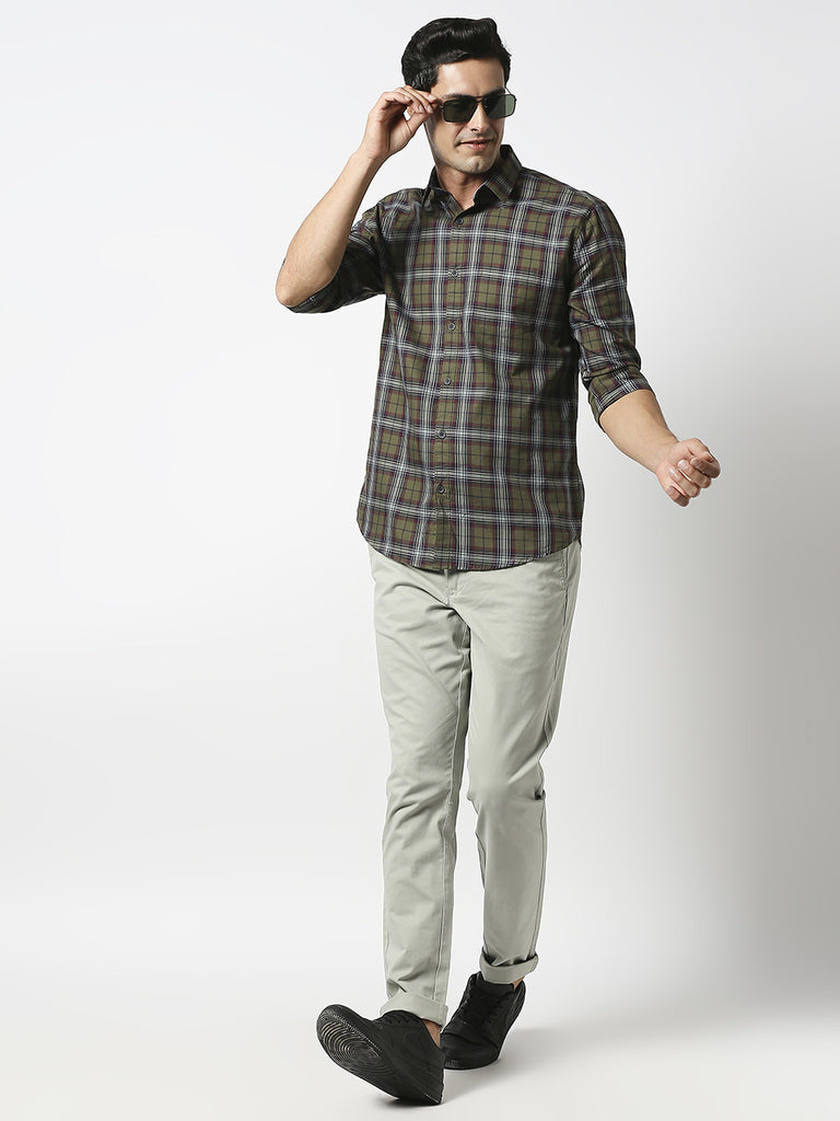 Olive Fine Twill Checked Shirt With Pocket