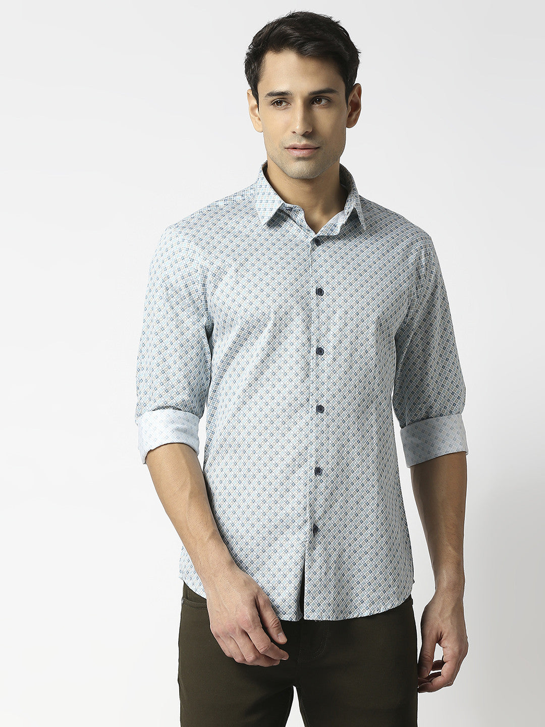 Beige & pale blue cotton satin printed shirt with long sleeves and stitch-less collar.