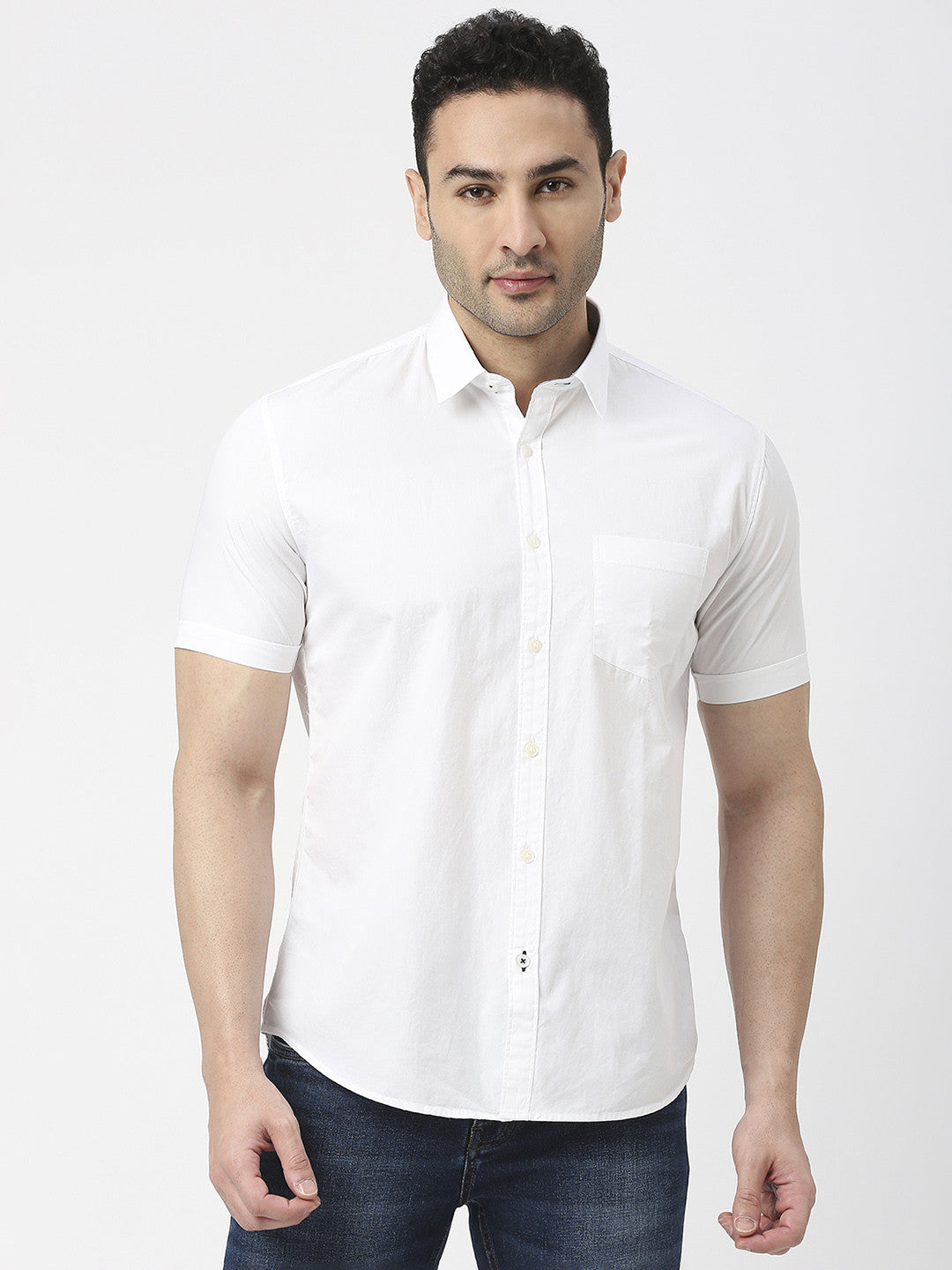 White Poplin Half Sleeves Shirt With Pocket