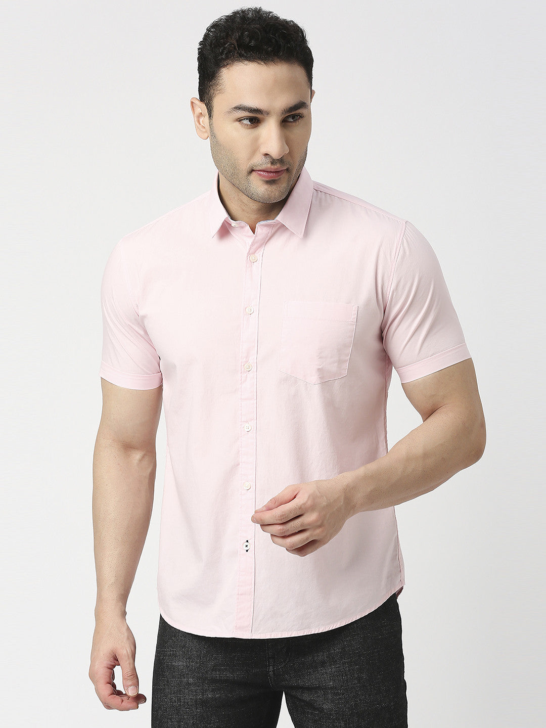 Pink Poplin Half Sleeves Shirt With Pocket