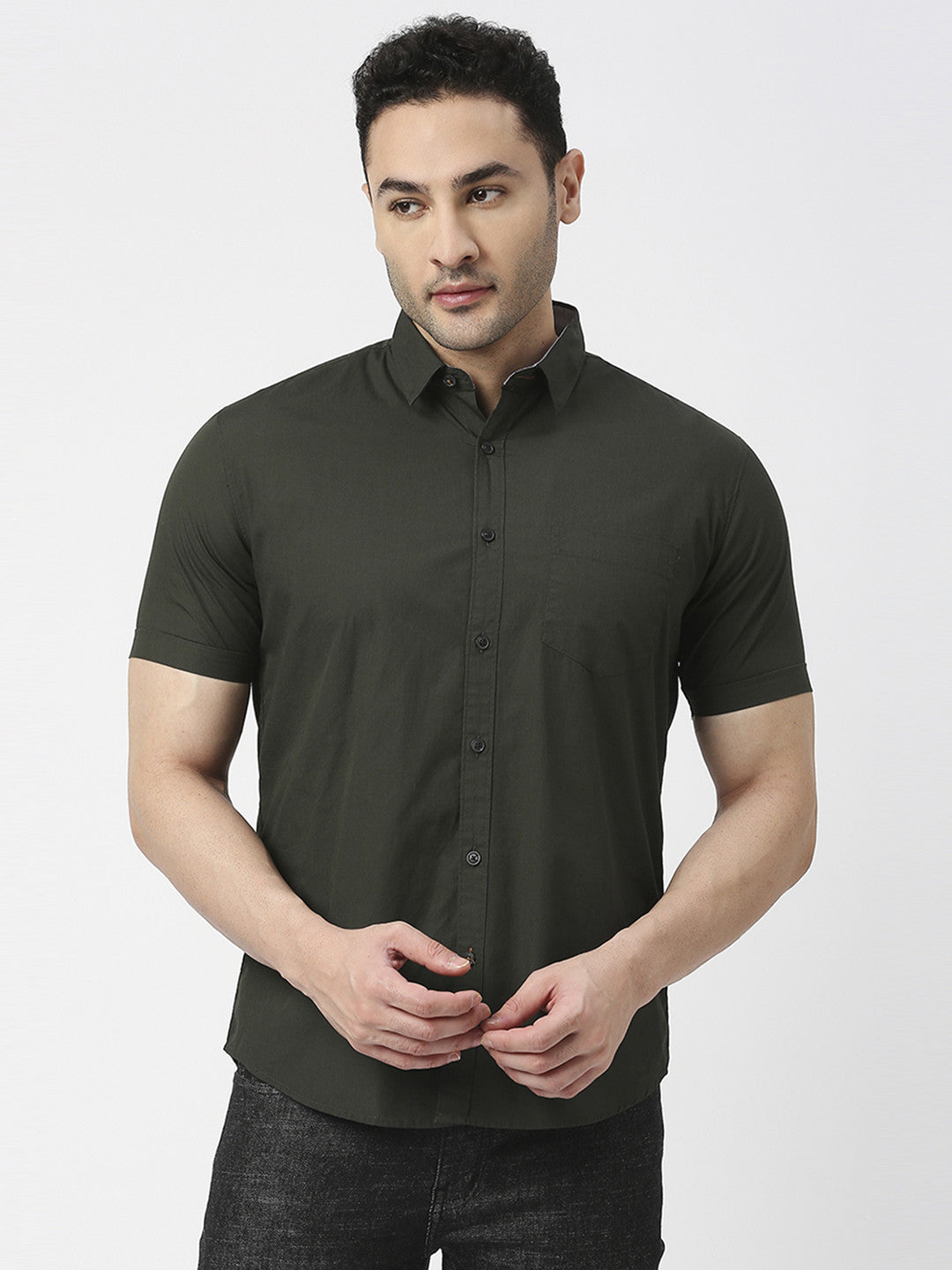 Olive Poplin Half Sleeves Shirt With Pocket