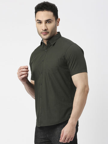 Olive Poplin Half Sleeves Shirt With Pocket