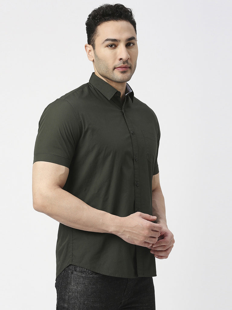 Olive Poplin Half Sleeves Shirt With Pocket