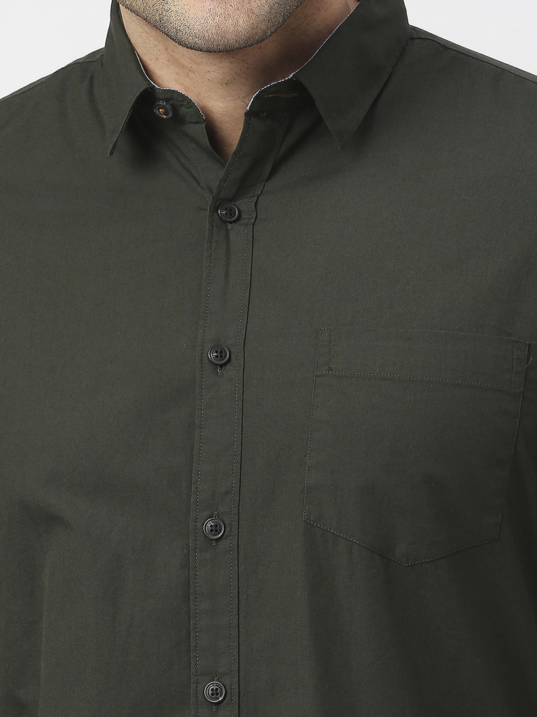 Olive Poplin Half Sleeves Shirt With Pocket