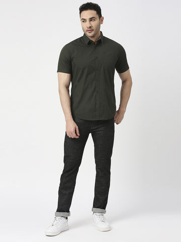 Olive Poplin Half Sleeves Shirt With Pocket