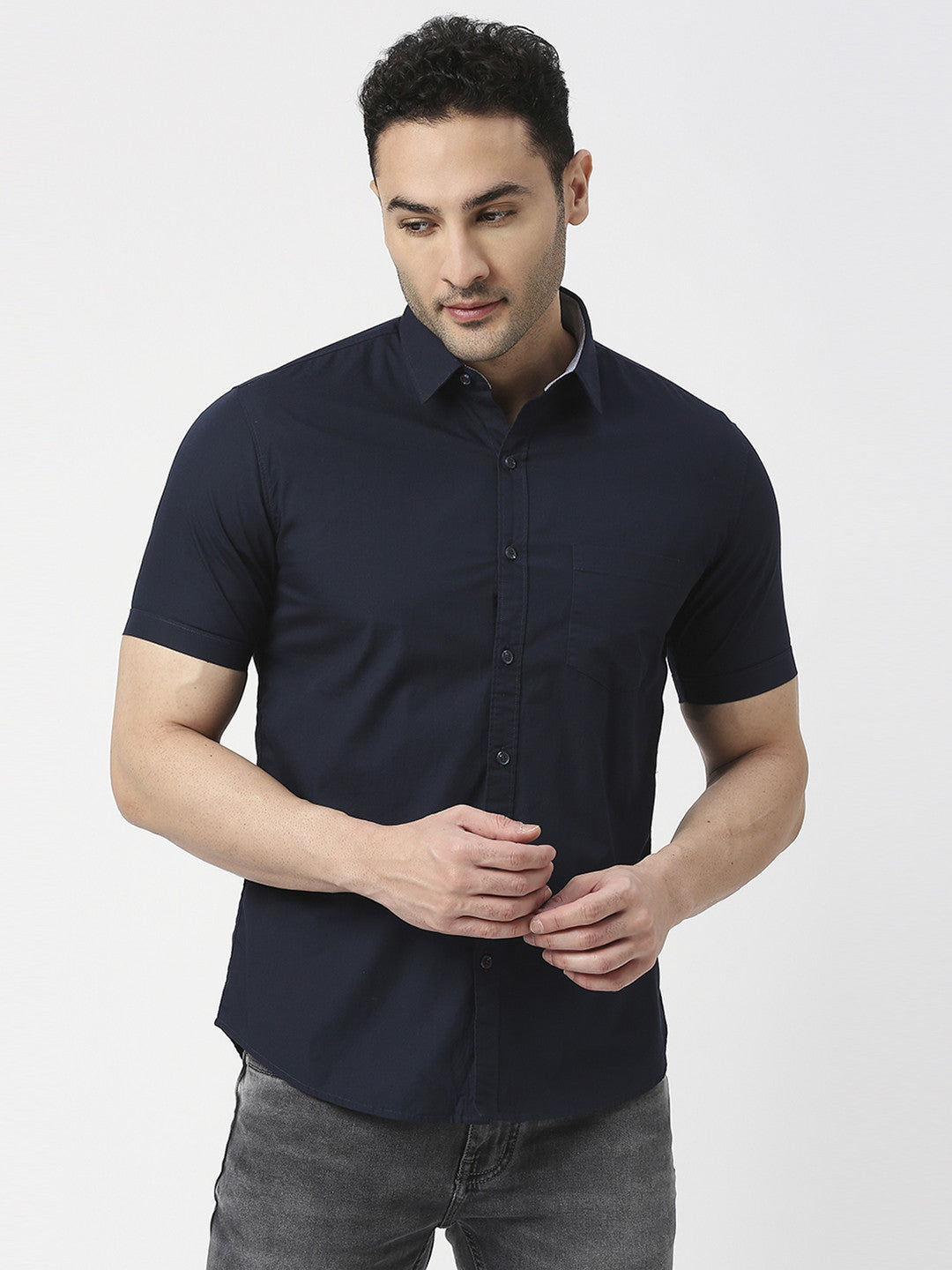 Navy Poplin Half Sleeves Shirt With Pocket