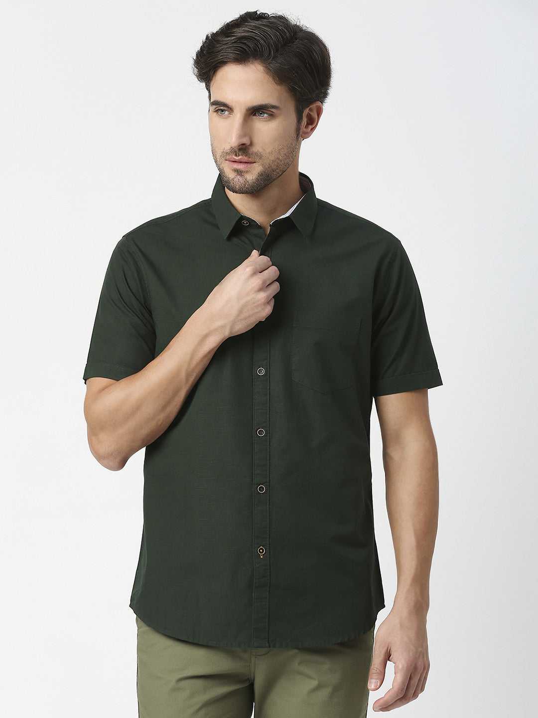 Bottle Green Half Sleeves Premium Cotton Shirt With Pocket