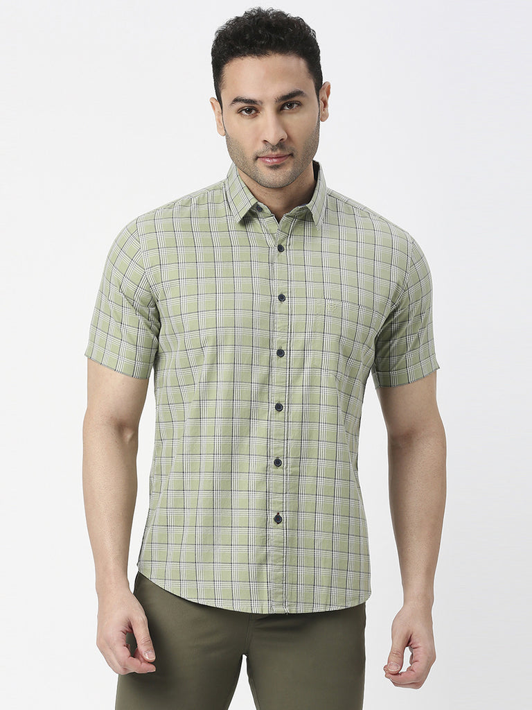 Green Half Sleeves Twill Checked Shirt With Pocket