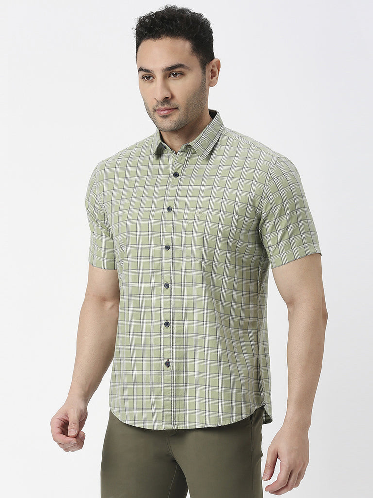 Green Half Sleeves Twill Checked Shirt With Pocket